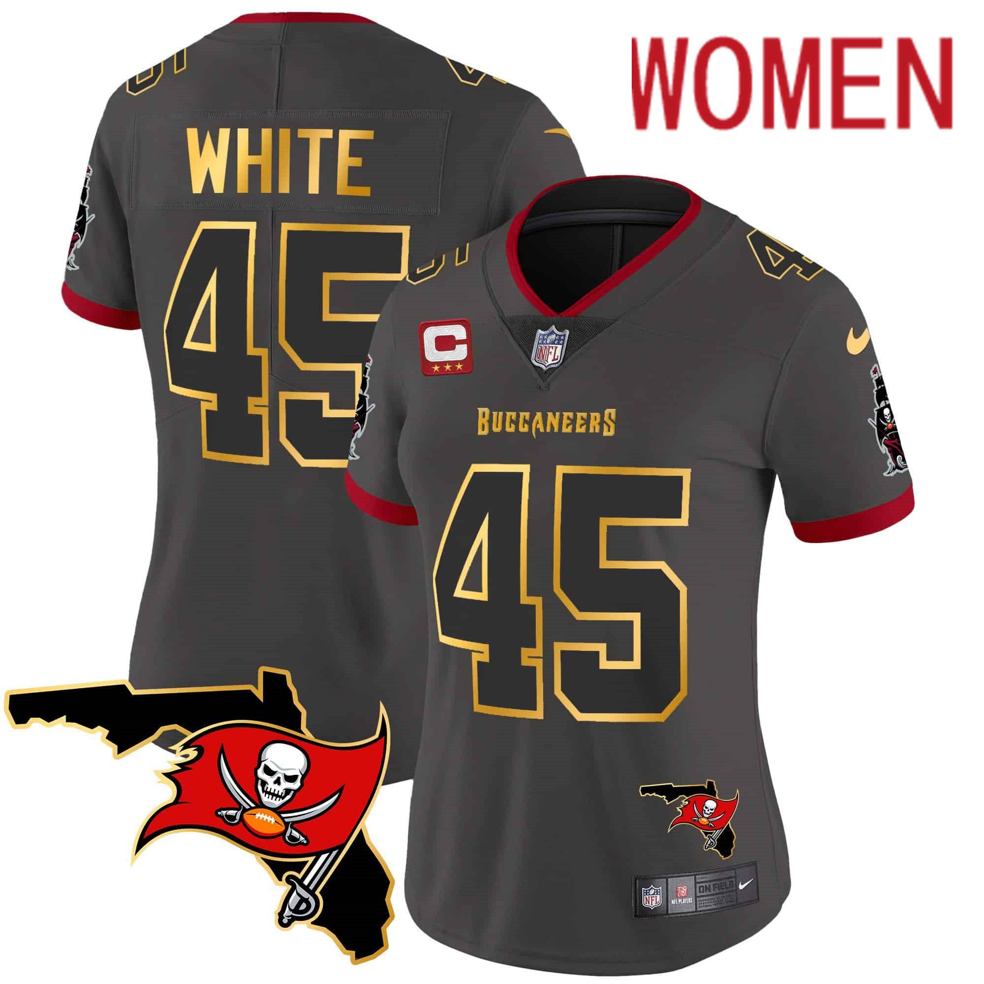 Women Tampa Bay Buccaneers 45 White Grey 2024 Nike Florida Patch Gold Trim Vapor NFL Jersey